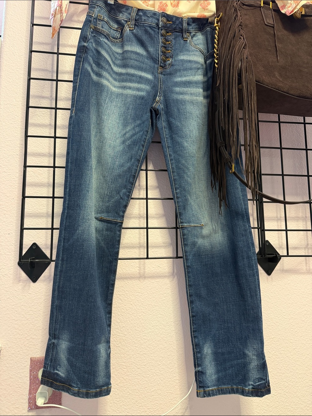 CAbi Washed Blue Button-Fly Straight-Leg Jeans